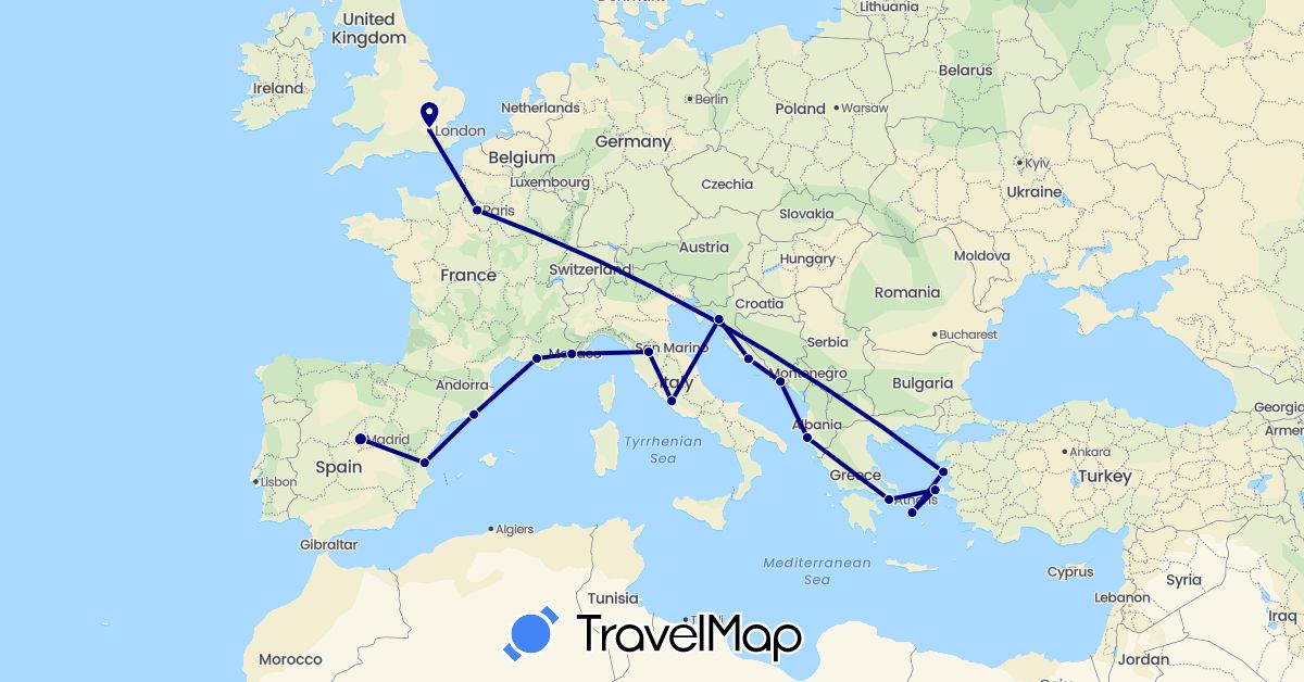 TravelMap itinerary: driving in Albania, Spain, France, United Kingdom, Greece, Croatia, Italy, Vatican City (Europe)